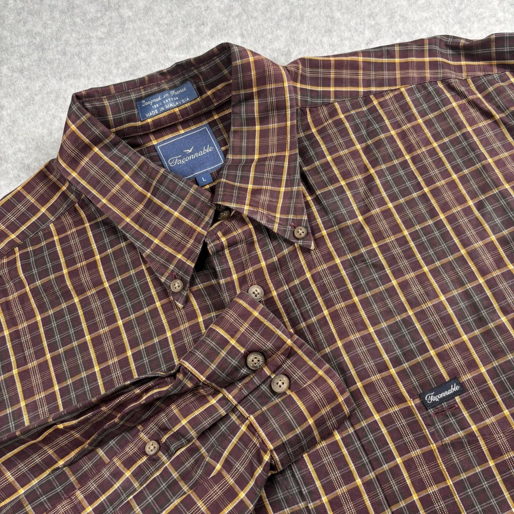 Faconnable Mens Large Plaid Button Down Shirt 100% Cotton Long Sleeve